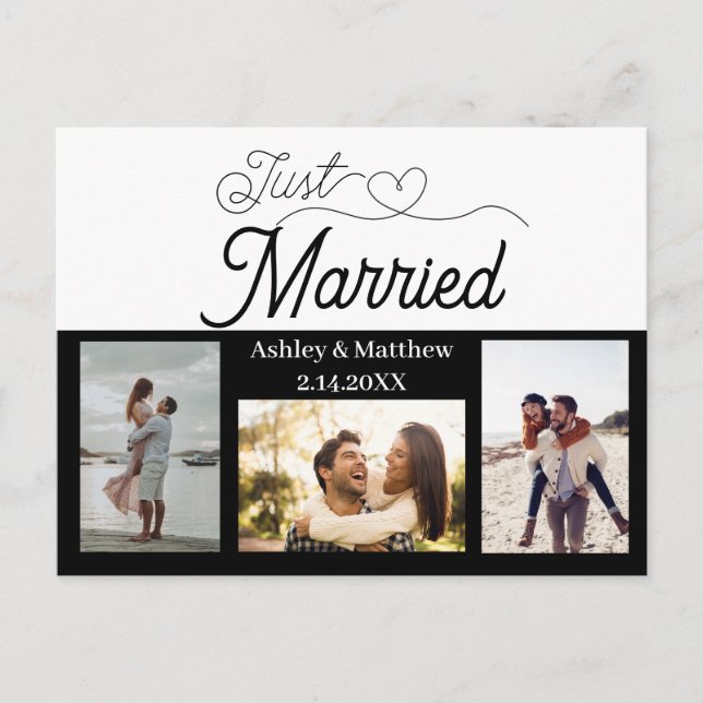 Just Married 3 Photo Elopement Announcement Postcard (Front)