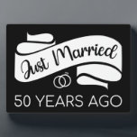 Just Married 50 Years Ago V Plaque<br><div class="desc">Cute design, perfect for anyone who's been married for 50 years and to a wedding vow renewal ceremony. It makes a great matching outfit for couples! 'Just Married 50 Years Ago' quote for a couple who got married 50 years ago or a couple renewing wedding vows on their golden anniversary....</div>