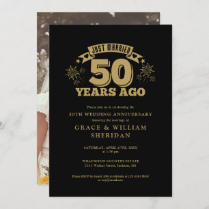 Just Married 50th Anniversary Photo Black And Gold Invitation