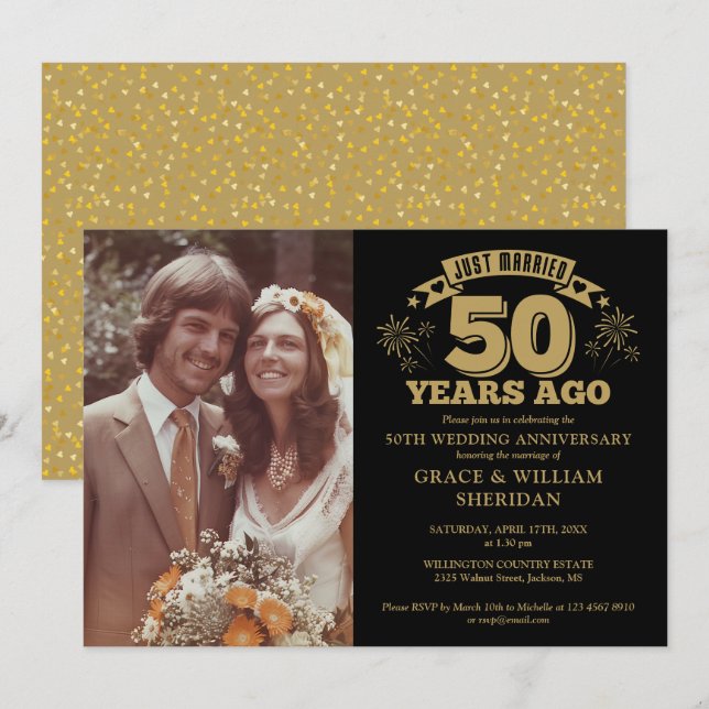 Just Married 50th Anniversary Photo Gold And Black Invitation (Front/Back)