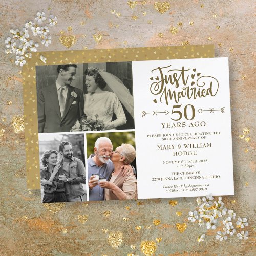 Just Married 50th Wedding Anniversary 3 Photo Invitation