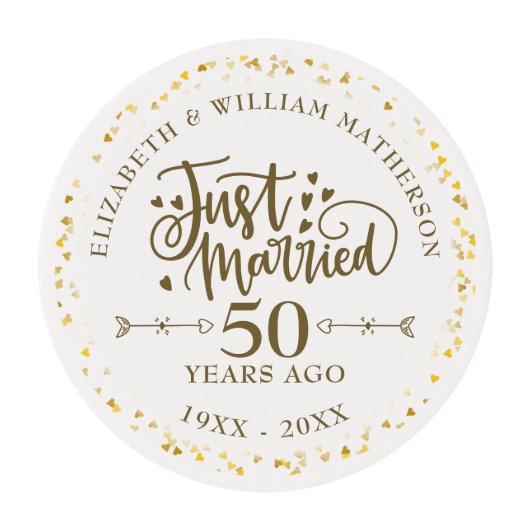 Just Married 50th Wedding Anniversary Edible Frosting Rounds (Front)