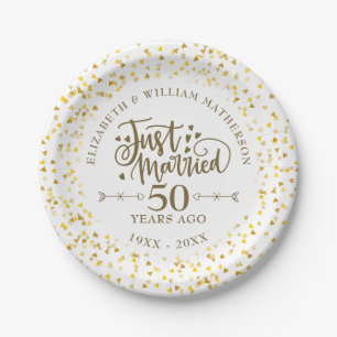 Just Married 50th Wedding Anniversary Gold Hearts Paper Plates