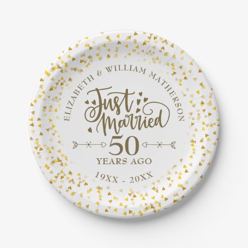 Just Married 50th Wedding Anniversary Gold Hearts Paper Plates