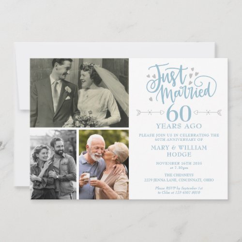 Just Married 60th Wedding Anniversary 3 Photo Invitation