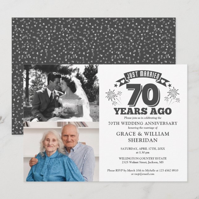 Just Married 70th Wedding Anniversary 2 Photo Invitation (Front/Back)