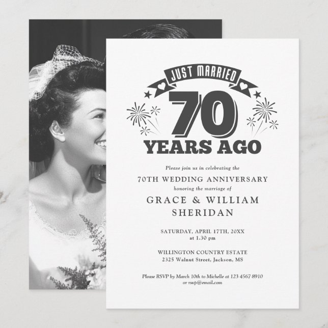 Just Married 70th Wedding Anniversary Photo Invitation (Front/Back)