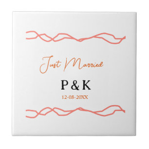 Just married add couple name date red vintagborder ceramic tile