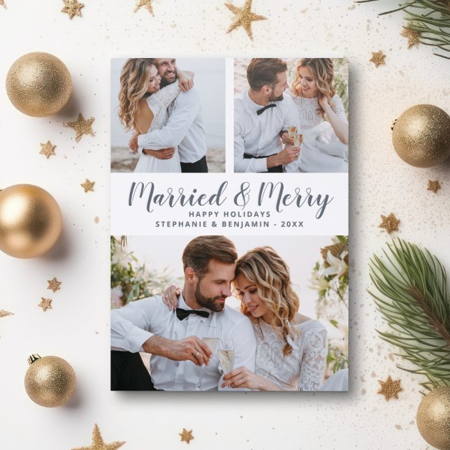 Just Married And Merry Photo Collage Christmas Letterpress Photo Cards (Creator Uploaded)