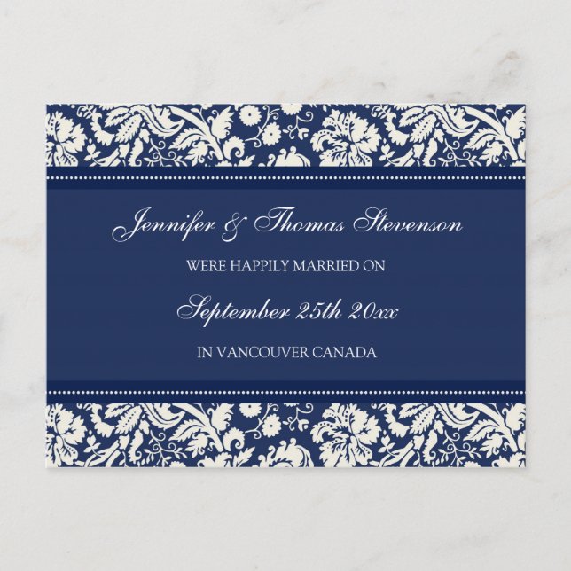 Just Married Announcement Postcards Blue Damask (Front)