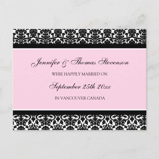 Just Married Announcement Postcards Pink Damask (Front)