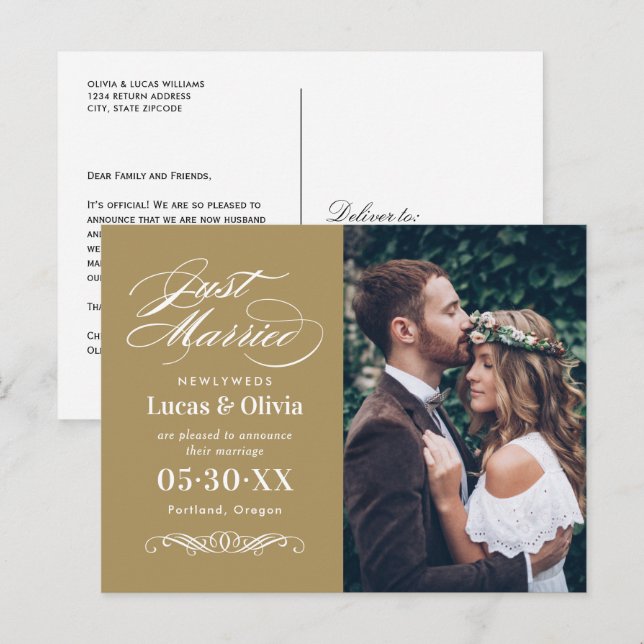 Just Married Antique Gold Wedding Photo Announcement Postcard (Front/Back)