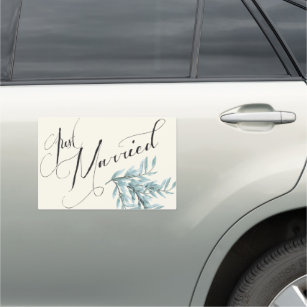 Just Married Antique White + Eucalyptus Newlyweds Car Magnet