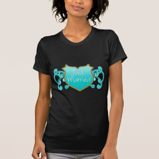 Just Married Aqua and Gold Shield with Flourishes T-Shirt