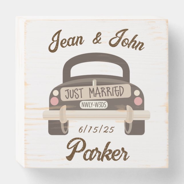 Just Married Automobile Dated Info  Wooden Box Sign (Front Horizontal)