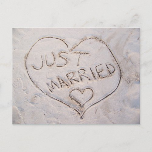 Just Married Beach Sand Writing Postcard