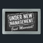 Just Married belt buckles | Under new management<br><div class="desc">Just Married belt buckles | Under new management stamp. Funny wedding and honeymoon gift idea for newly weds. Personalizable for bride and groom. Husband and wife humor.</div>