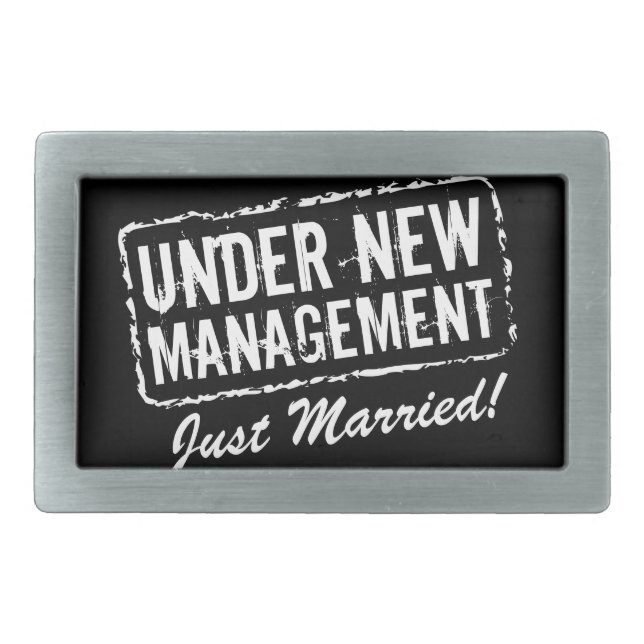 Just Married belt buckles | Under new management (Front)