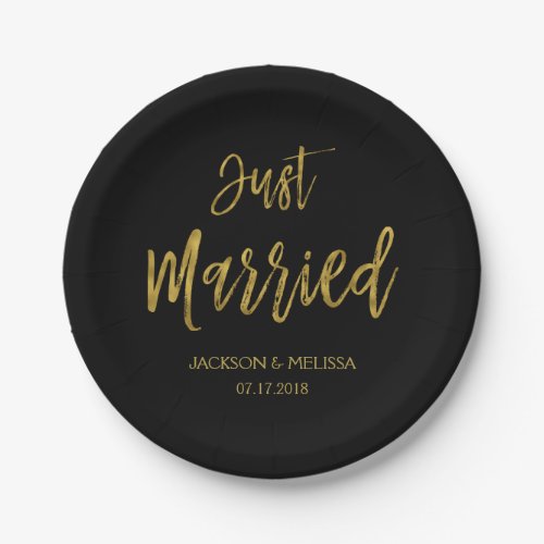 Just Married Black and Gold Foil Paper Plates