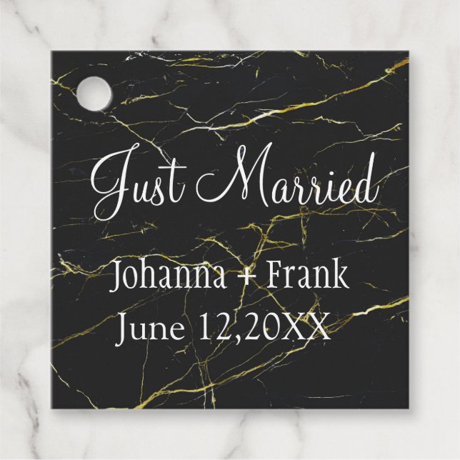 Just Married Black and Gold Marble Favor Tags (Front)
