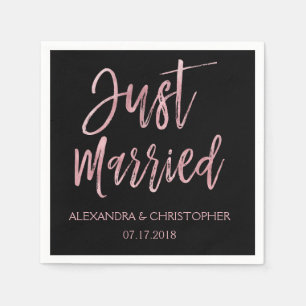 Just Married Black and Rose Gold Foil Napkins