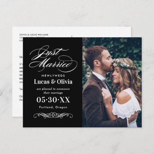 Just Married Black and White Elegant Wedding Photo Announcement Postcard