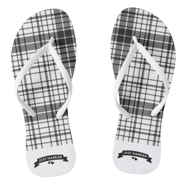 Just Married Black and White Plaid Flip Flops (Footbed)