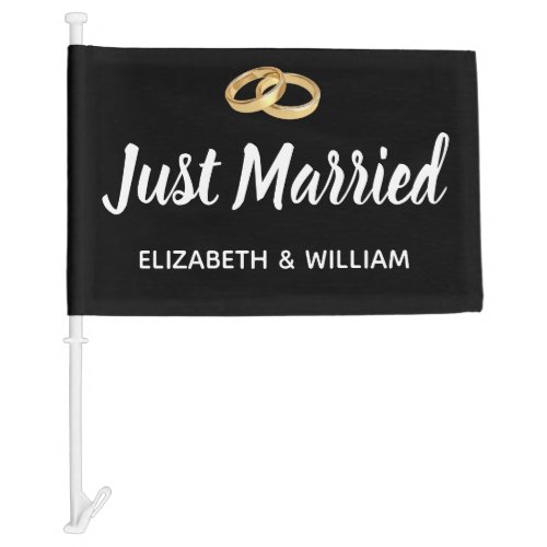 Just Married Black and White Script Wedding Rings Car Flag