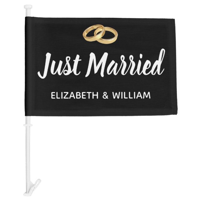 Just Married Black and White Script Wedding Rings Car Flag (Front)