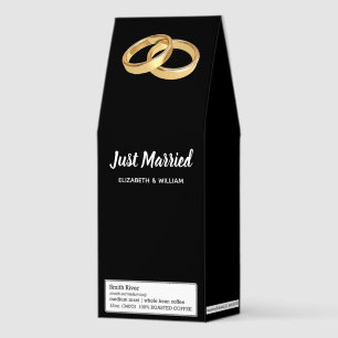 Just Married Black and White Script Wedding Rings Roasted Coffee
