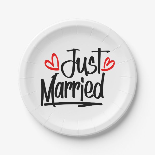 Just Married Black And White Wedding Announcement Paper Plates (Front)