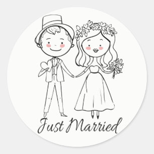 Just Married Black And White Wedding Bride  Groom Classic Round Sticker