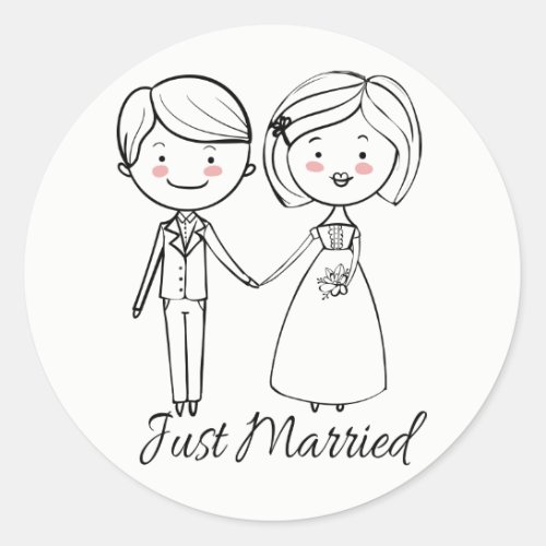 Just Married Black And White Wedding Bride  Groom Classic Round Sticker