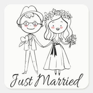 Just Married Black And White Wedding Bride  Groom Square Sticker