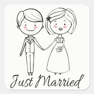 Just Married Black And White Wedding Bride  Groom Square Sticker