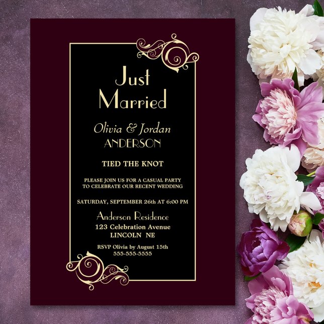 Just Married Black Burgundy Gold Wedding Reception Invitation (Creator Uploaded)