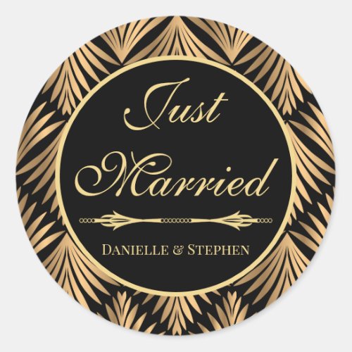 Just Married Black Gold Art Deco Wedding Classic Round Sticker