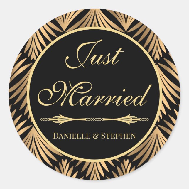 Just Married Black Gold Art Deco Wedding Classic Round Sticker (Front)