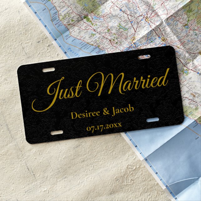 Just Married Black Gold Elegant Wedding License Plate (In Situ)