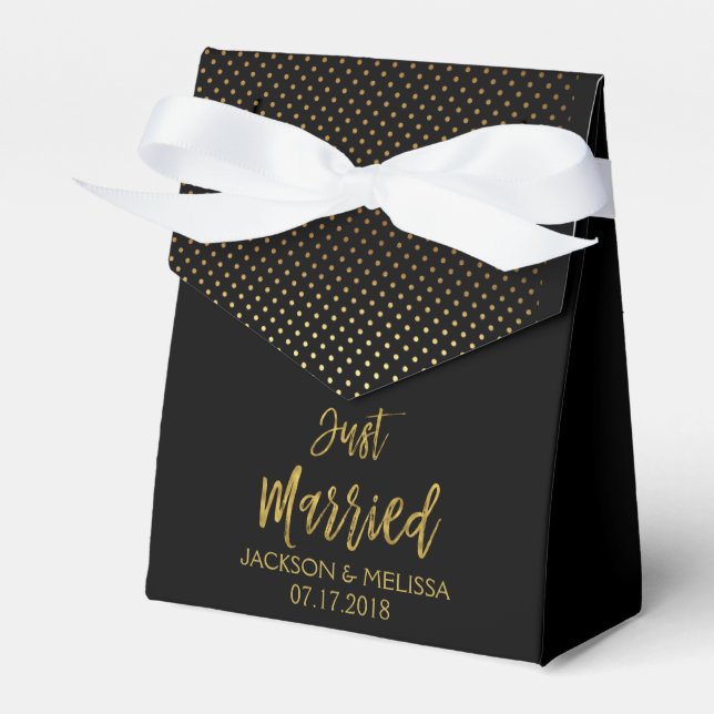 Just Married Black & Gold Foil Polka Dots Favor Boxes (Front Side)