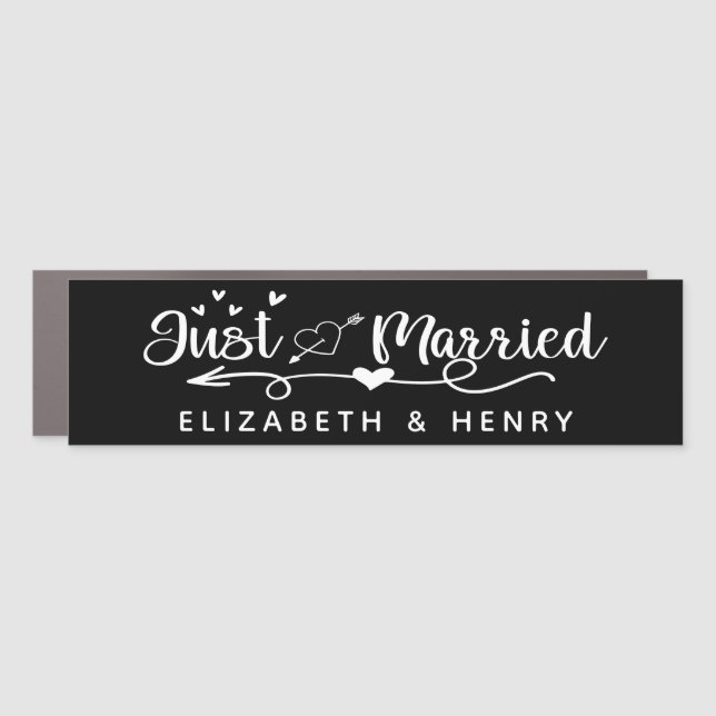 Just Married Black Personalized Newlywed Wedding Car Magnet (Front)