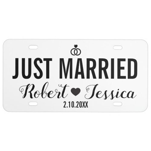 Just Married Black White Custom Bride Groom Name  License Plate
