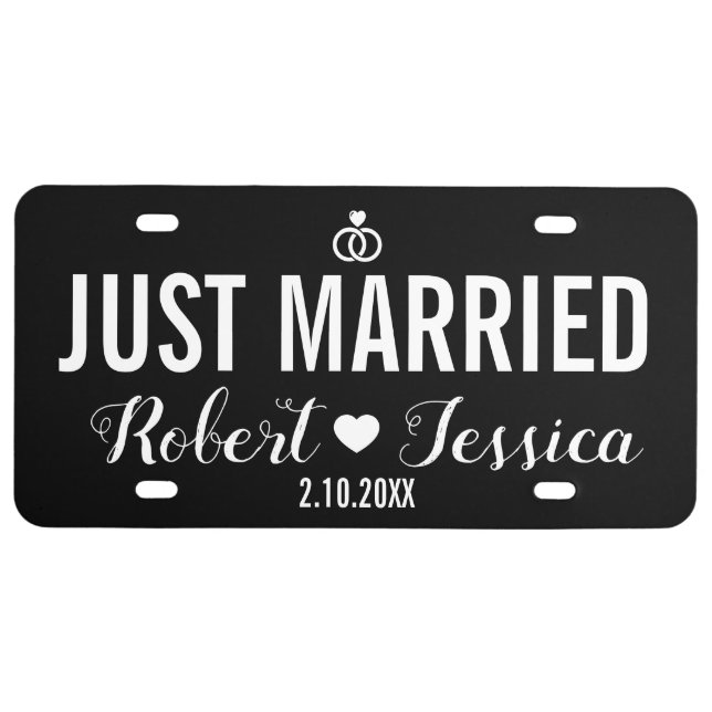 Just Married Black White Custom Bride Groom Name   License Plate (Front)