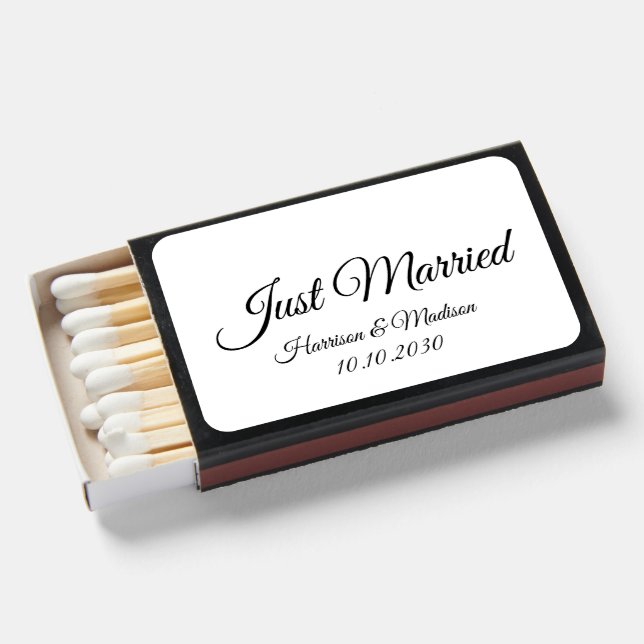 Just Married black white custom script elegant  Matchboxes (Front Open)