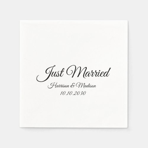 Just Married black white custom script elegant Napkins