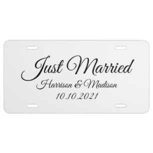 Just Married black white custom script names date License Plate