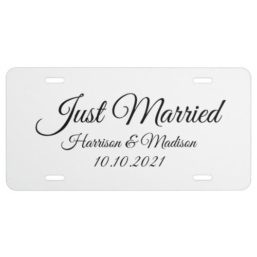 Just Married black white custom script names date License Plate