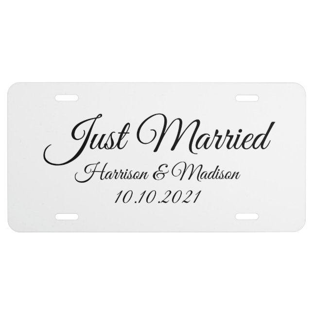 Just Married black white custom script names date License Plate (Front)