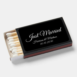 Just Married black white custom script names date Matchboxes