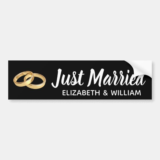 Just Married Black White Gold Wedding Rings Names Bumper Sticker (Front)